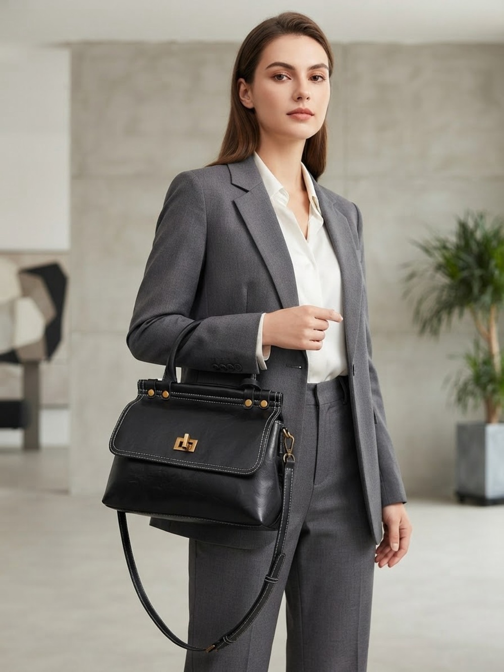 Women’s Black Leather Satchel with Gold Hardware